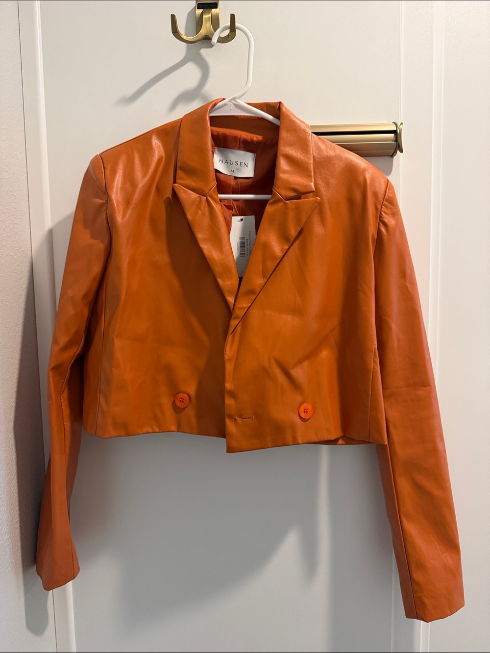 Hausen Orange Cropped Faux Leather Blazer Jacket